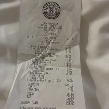 The Backyard - This is our outrageous receipt from the horribly disastrous and disappointing meal we had last night at The Backyard - Beer Gardens Near Me - Paso Robles, California The Backyard - This is our outrageous receipt from the horribly disastrous and disappointing meal we had last night at The Backyard - Beer Gardens Near Me - Paso Robles, California