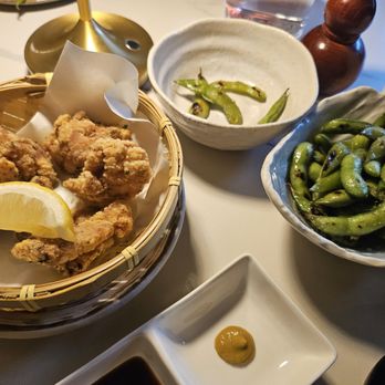 855 Aloha - Karaage Chicken comes with Teri and Chinese Mustard.  Edamame naked. - Japanese Near Me - Honolulu, Hawaii