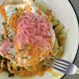 Breakfast Gnocchi: Wild mushrooms, seasonal vegetables, fried eggs, pickled onion, calabrian chili aioli ($20) Breakfast Gnocchi: Wild mushrooms, seasonal vegetables, fried eggs, pickled onion, calabrian chili aioli ($20)