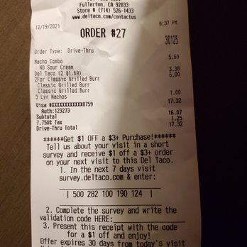 Del Taco - Receipt clearly states NO SOUR CREAM - Mexican Near Me - Fullerton, California