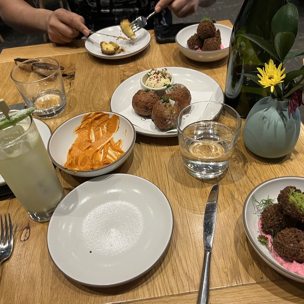 Chickadee - Jalapeño hash browns, falafel, pomegranate dip, snap pea cocktail - New American Near Me - Boston, Massachusetts Chickadee - Jalapeño hash browns, falafel, pomegranate dip, snap pea cocktail - New American Near Me - Boston, Massachusetts