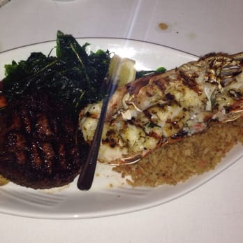 Chef Michael's - Surf & Turf- Grilled Filet Mignon, Split Florida Lobster with Crispy Fried Spinach, Rice & Crazy Taters - Seafood Near Me - Islamorada, Florida Chef Michael's - Surf & Turf- Grilled Filet Mignon, Split Florida Lobster with Crispy Fried Spinach, Rice & Crazy Taters - Seafood Near Me - Islamorada, Florida