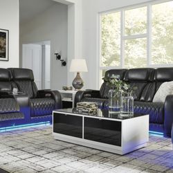 Cascade Home Decor - This new Top grain leather reclining set has every option needed. Head and Foot, Back massage, Heated seats, Storage Arms, LEDs, Cup Holders