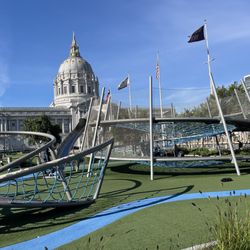 Helen Diller Civic Center Playground - Various climbing structures with view of city hall