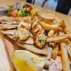 Meet the Greek - Grilled chicken skewer platter with fries and salad
