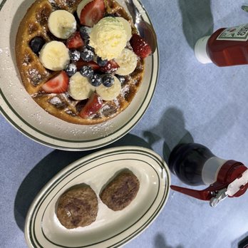 Waterfalls Cafe - Waffles with fruit and turkey sausage - American Near Me - Spring, Texas