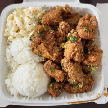 Lucky Box Restaurant - Garlic Chicken plate ($12.81 cash price w/tax) with white rice & mac salad. - Chinese Near Me - Honolulu, Hawaii Lucky Box Restaurant - Garlic Chicken plate ($12.81 cash price w/tax) with white rice & mac salad. - Chinese Near Me - Honolulu, Hawaii