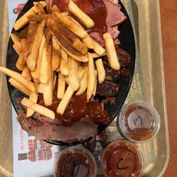 Gates Bar-B-Q - Three meats, brisket, pork ribs and ham with fries and 3 sauces classic, sweet and hot