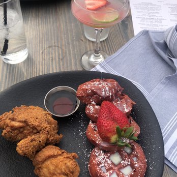Taste Bar + Kitchen - Cajun Chicken with Red Velvet Waffles and the Cotton Candy drink - Cocktail Bars Near Me - Houston, Texas Taste Bar + Kitchen - Cajun Chicken with Red Velvet Waffles and the Cotton Candy drink - Cocktail Bars Near Me - Houston, Texas