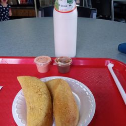 Colombia Bakery Restaurant - Empanadas and coconut milk drink.