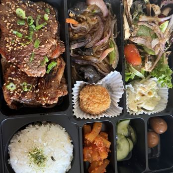 BTC by Chef Kang - Galbi Short Ribs Bento Box (comes with tempura shrimp eaten before the pic) - Burgers Near Me - Los Angeles, California BTC by Chef Kang - Galbi Short Ribs Bento Box (comes with tempura shrimp eaten before the pic) - Burgers Near Me - Los Angeles, California