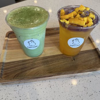 Capy Cafe - Capy matcha and sunset tea at counter - Coffee & Tea Near Me - Folsom, California Capy Cafe - Capy matcha and sunset tea at counter - Coffee & Tea Near Me - Folsom, California