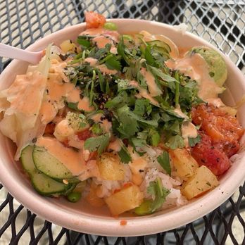 Pokenoya - bowl with sushi rice, salmon, spicy tuna, cucumber, pineapple, edamame, spicy mayo and mild house sauce, avocado, ginger, cilantro - Seafood Near Me - Irvine, California Pokenoya - bowl with sushi rice, salmon, spicy tuna, cucumber, pineapple, edamame, spicy mayo and mild house sauce, avocado, ginger, cilantro - Seafood Near Me - Irvine, California