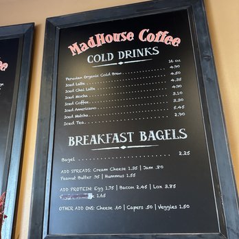 Madhouse Coffee - Cold drinks and bagel menu as of Dec 2022 - Coffee & Tea Near Me - Brisbane, California Madhouse Coffee - Cold drinks and bagel menu as of Dec 2022 - Coffee & Tea Near Me - Brisbane, California