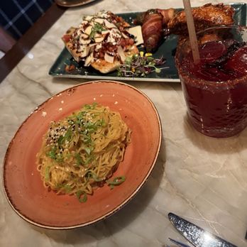 Reunion Kitchen + Drink - Miso garlic noodles were delicious. The bacon wrapped jalapeño with raspberry jam was tasty and spicy. The bruschetta was yummy, too. - New American Near Me - Brea, California Reunion Kitchen + Drink - Miso garlic noodles were delicious. The bacon wrapped jalapeño with raspberry jam was tasty and spicy. The bruschetta was yummy, too. - New American Near Me - Brea, California