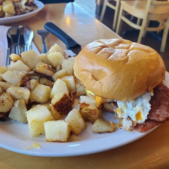 Sunset Grill - Sunset Sandwich  (Turkey Bacon, Egg, & Cheddar Cheese) w/ Home Fries - Breakfast & Brunch Near Me - Mississauga, Ontario