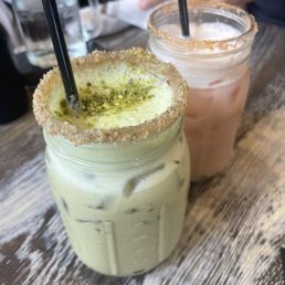 Pistachio latte and rose petal latte Pistachio latte and rose petal latte