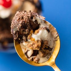 Peanut Butter Madness Sundae: 2 scoops of Salted Peanut Butter Oreo, 1 scoop Triple Chocolate Brownie topped with Hot Fudge, PB cups & oreos
