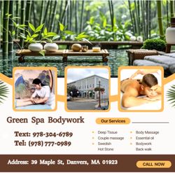 Green Spa Bodywork - A traditional Swedish massage utilizing a system of techniques specially created to relax muscles by
applying pressure to inc...