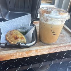 Blue Butler Coffee - Beef empanada and Spanish cold latte with cold foam and oat milk