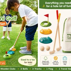 The Toy Shop WeHa - Make every day a mini golf adventure! The Plan Toys Mini Golf Full Set includes two wooden clubs, two balls, three fun obstac...