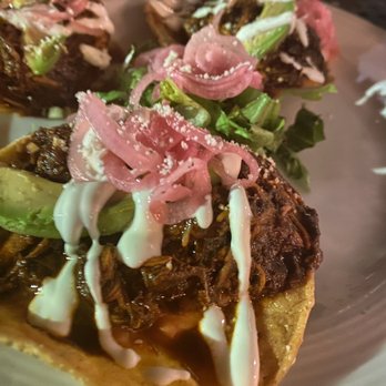 Patria Cocina - Chicken Tostadas en Mole Negro Sauce - Mexican Near Me - Atlanta, Georgia Patria Cocina - Chicken Tostadas en Mole Negro Sauce - Mexican Near Me - Atlanta, Georgia