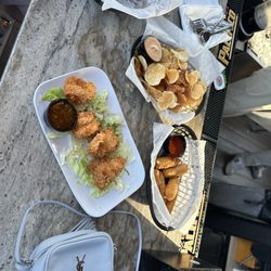 The Saloon - Chips, coconut shrimp, mozz sticks, and chicken fingers.