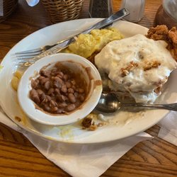 Cracker Barrel Old Country Store - Chicken fried chicken, Mac n cheese, pinto beans, and mashed potatoes.