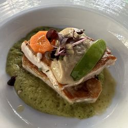 Bibulus - Swordfish with eggplant mousse on zucchini and mint purée.