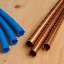 Flow State Plumbing - Close-up comparison of durable blue PEX piping and copper pipes, ideal for whole-home repipes and plumbing upgrades.