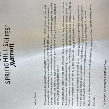 SpringHill Suites by Marriott Houston Northwest - Hurricane Harvey Letter - Hotels Near Me - Houston, Texas SpringHill Suites by Marriott Houston Northwest - Hurricane Harvey Letter - Hotels Near Me - Houston, Texas