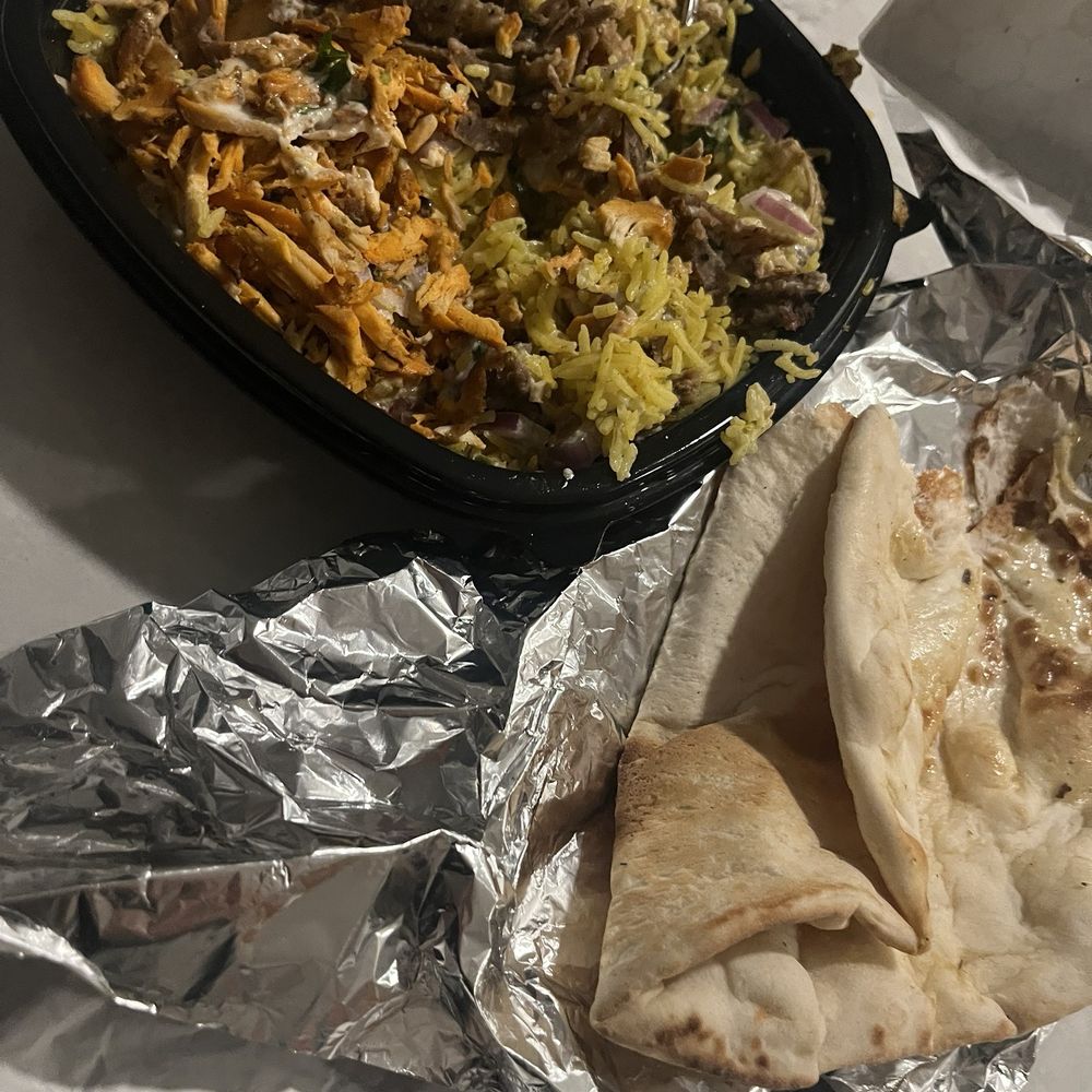 Alibaba Kebab - Trio Meat over Rice with Garlic Naan. - Kebab Near Me - Buffalo, New York Alibaba Kebab - Trio Meat over Rice with Garlic Naan. - Kebab Near Me - Buffalo, New York
