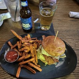 This is my chicken bacon ranch sandwich with sweet potato fries, all cooked perfectly. This is my chicken bacon ranch sandwich with sweet potato fries, all cooked perfectly.