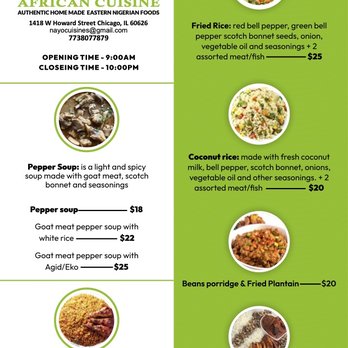 Nayo's African Cuisine - First page of menu along with restaurant details. Rice focused dishes. - African Near Me - Chicago, Illinois Nayo's African Cuisine - First page of menu along with restaurant details. Rice focused dishes. - African Near Me - Chicago, Illinois