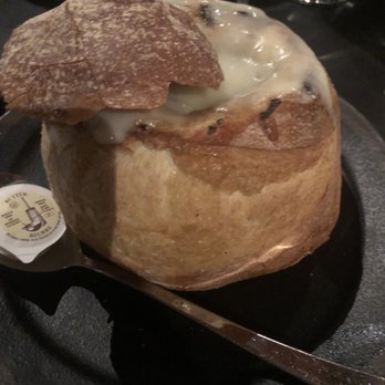 La Forge Bistro Bar et Grill - This is their onion soup in a bread bowl. Sadly there's not much soup on the bowl and it wasn't hot. - Steakhouses Near Me - Mont-Tremblant, Quebec La Forge Bistro Bar et Grill - This is their onion soup in a bread bowl. Sadly there's not much soup on the bowl and it wasn't hot. - Steakhouses Near Me - Mont-Tremblant, Quebec
