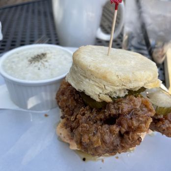 The Daily Ration - Spicy chicken biscuit with cheese grits - Breakfast & Brunch Near Me - Chattanooga, Tennessee The Daily Ration - Spicy chicken biscuit with cheese grits - Breakfast & Brunch Near Me - Chattanooga, Tennessee