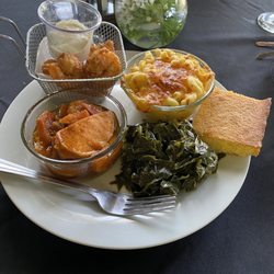 Coco Eatz - Shrimp,  macaroni & cheese, collards, yams, and cornbread