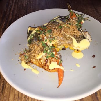 Finch & Fork - Bacon bit crusted local sea bass over roasted baby carrots and cauliflower (phenomenal). - New American Near Me - Santa Barbara, California