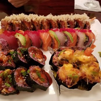 Katana Sushi - Bottom left - bayside roll Bottom right - volcano roll Middle - rainbow roll Top - bamboo roll - Japanese Near Me - Midlothian, Virginia Katana Sushi - Bottom left - bayside roll Bottom right - volcano roll Middle - rainbow roll Top - bamboo roll - Japanese Near Me - Midlothian, Virginia