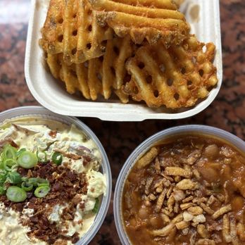 Lawless Barbecue - Waffle fries, potato salad, and beans - Barbeque Near Me - Portland, Oregon