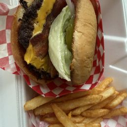 Bacon cheeseburger and fries