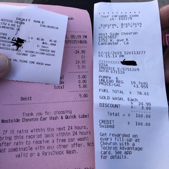Chevron - White receipt: Gas Pump Terminal Receipt showing charge for car wash. Pink Receipt: Up-Charged receipt given to me by attendant. - Gas Stations Near Me - Lancaster, California Chevron - White receipt: Gas Pump Terminal Receipt showing charge for car wash. Pink Receipt: Up-Charged receipt given to me by attendant. - Gas Stations Near Me - Lancaster, California