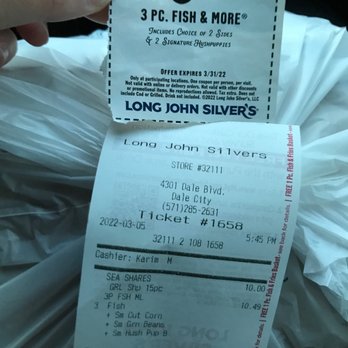 Long John Silver's - Wish this franchise accepted the coupons (they sent out) and saved me $4.20 - Seafood Near Me - Dale City, Virginia Long John Silver's - Wish this franchise accepted the coupons (they sent out) and saved me $4.20 - Seafood Near Me - Dale City, Virginia