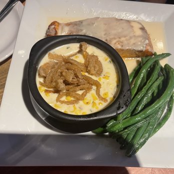 Ford's Garage Plano - Blackened salmon, green beans and jalapeño creamed corn - Burgers Near Me - Plano, Texas Ford's Garage Plano - Blackened salmon, green beans and jalapeño creamed corn - Burgers Near Me - Plano, Texas