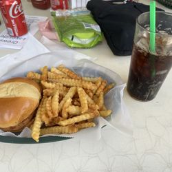 Drews Lakeside Bar and Grill - Spicy chicken sandwich with fries and Coca Cola