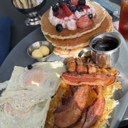 Ricotta Pancakes with Two Eggs and Bacon Ricotta Pancakes with Two Eggs and Bacon