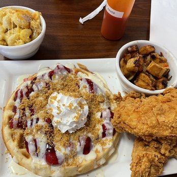 Wayne’s Waffle House - Cherry cheesecake waffle with tenders. Potatoes and Mac and cheese on the side - Waffles Near Me - Center Line, Michigan Wayne’s Waffle House - Cherry cheesecake waffle with tenders. Potatoes and Mac and cheese on the side - Waffles Near Me - Center Line, Michigan