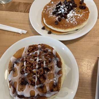 Eggsquisite Cafe - Cinnamon Roll Pancakes + chocolate chip pancakes - Breakfast & Brunch Near Me - Southlake, Texas
