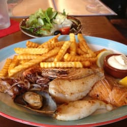 Tapas Barcelona - Grilled mixed fish (seafood) w/ fries, garlic mayonnaise & side salad. Rating: B+. Recommend.