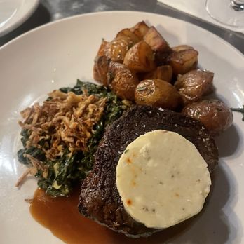 Seared - Filet Mignon 8oz. CAB filet mignon, duck fat potatoes, creamed spinach, demi-glace, shallot + blue cheese butter - Seafood Near Me - Petaluma, California
